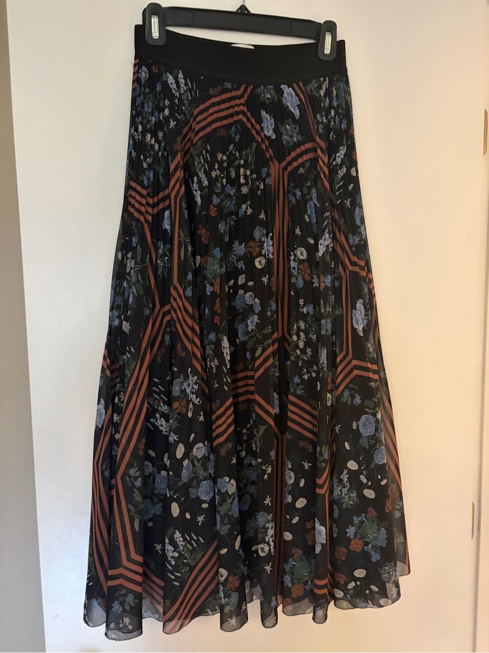Wilfred Black Floral Maxi Skirt with Rust Stripe Pattern